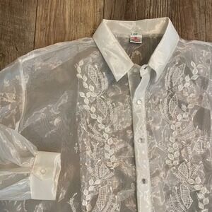 Rosas Artcrafts Mens Barong Tagalog White Embroidered Organza Formal Shirt L